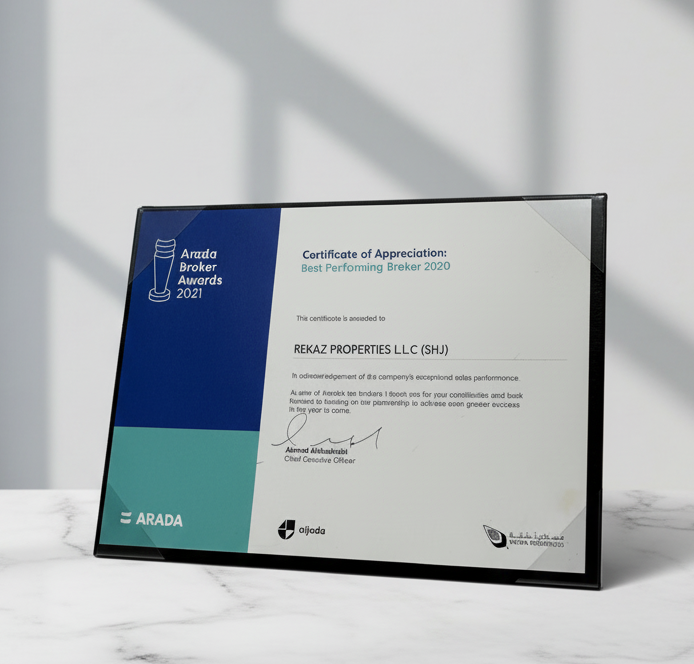 BEST PERFORMING BROKER - CERTIFICATE OF APPRECIATION - ARADA